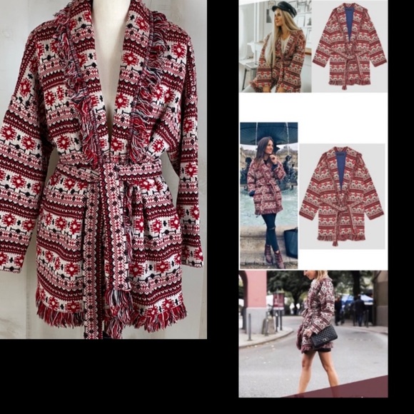 Zara Sweaters - Zara red Aztec fringe belted knitted cardigan